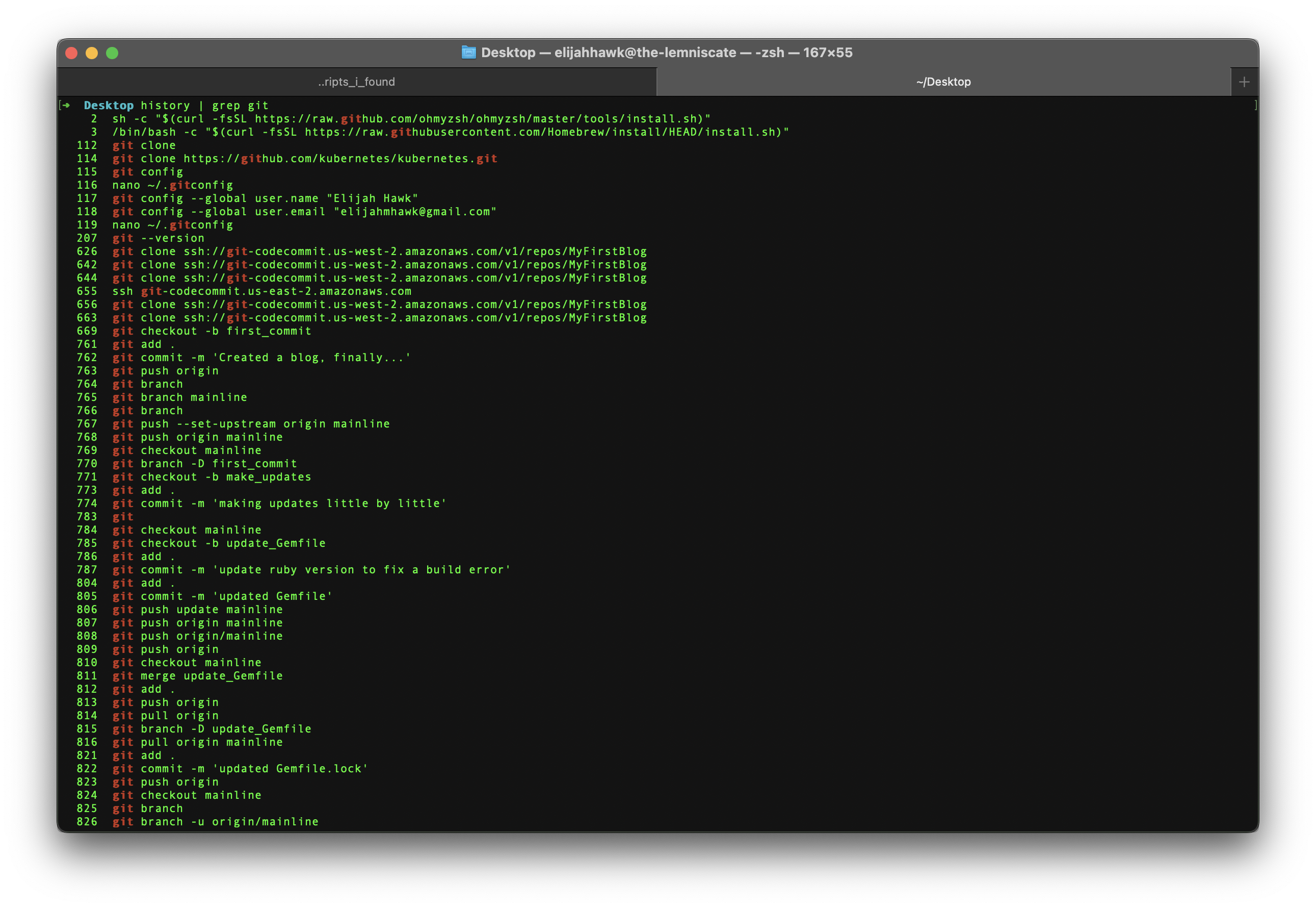 Example history usage against the 'git' string